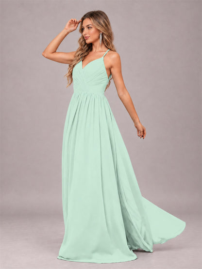 Mint Green Trendy V-Neck Spaghetti Straps Long Chiffon Bridesmaid Dress