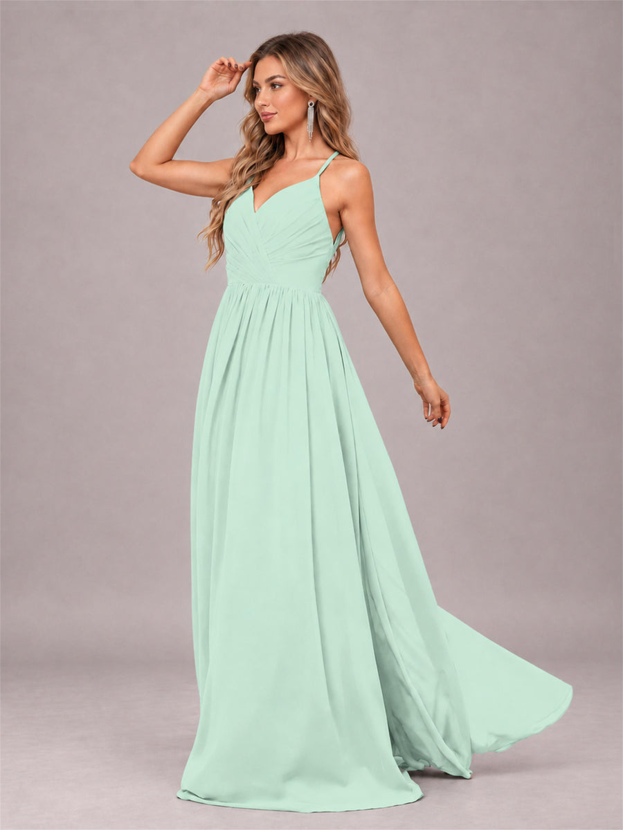 Mint Green Trendy V-Neck Spaghetti Straps Long Chiffon Bridesmaid Dress