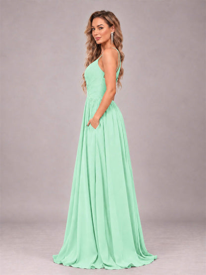 Mint Green Trendy V-Neck Spaghetti Straps Long Chiffon Bridesmaid Dress
