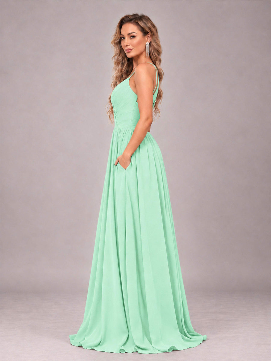 Mint Green Trendy V-Neck Spaghetti Straps Long Chiffon Bridesmaid Dress
