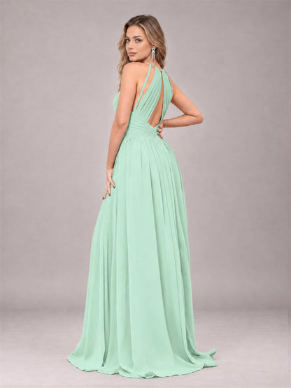 Mint Green Trendy V-Neck Spaghetti Straps Long Chiffon Bridesmaid Dress