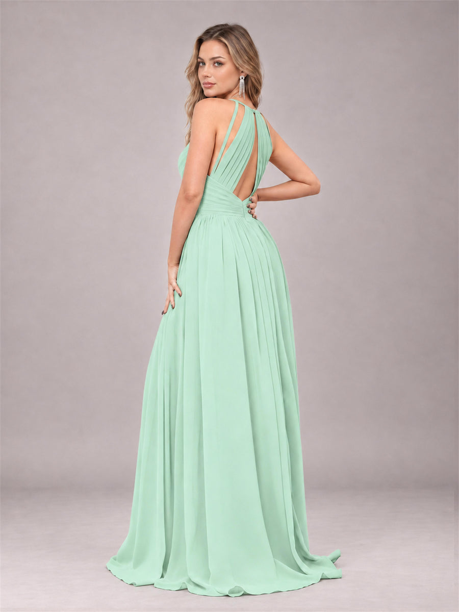 Mint Green Trendy V-Neck Spaghetti Straps Long Chiffon Bridesmaid Dress