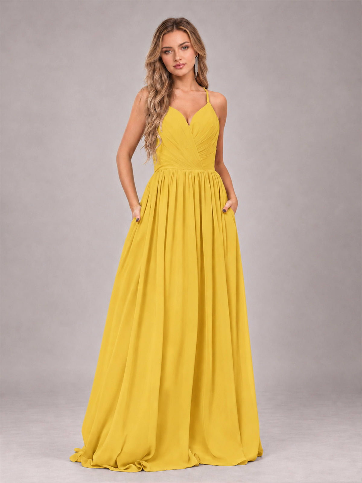 Mustard Yellow Trendy V-Neck Spaghetti Straps Long Chiffon Bridesmaid Dress