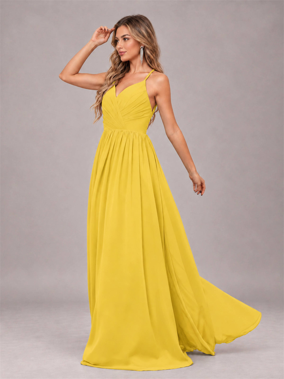 Mustard Yellow Trendy V-Neck Spaghetti Straps Long Chiffon Bridesmaid Dress