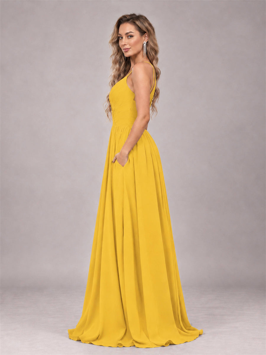 Mustard Yellow Trendy V-Neck Spaghetti Straps Long Chiffon Bridesmaid Dress