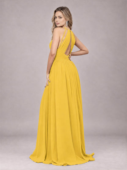 Mustard Yellow Trendy V-Neck Spaghetti Straps Long Chiffon Bridesmaid Dress