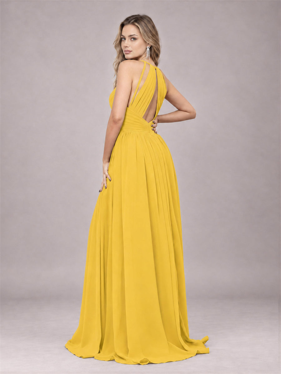 Mustard Yellow Trendy V-Neck Spaghetti Straps Long Chiffon Bridesmaid Dress