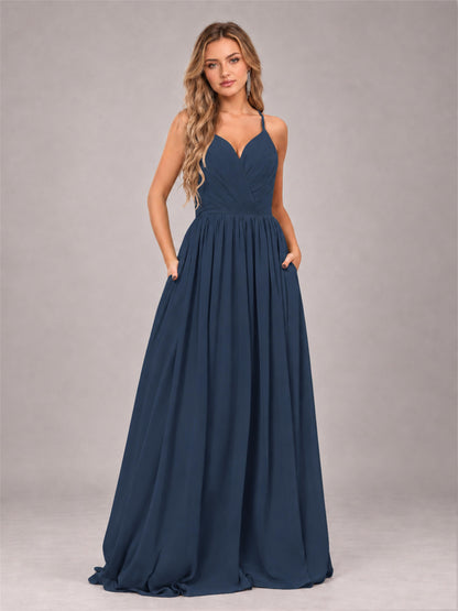 Navy Blue Trendy V-Neck Spaghetti Straps Long Chiffon Bridesmaid Dress