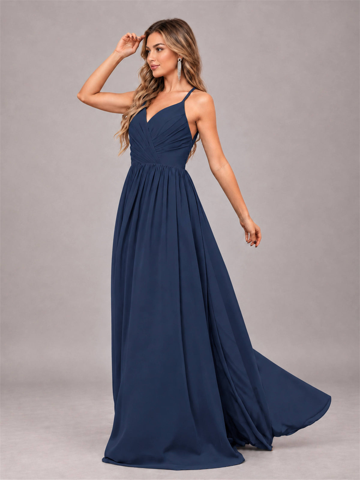 Navy Blue Trendy V-Neck Spaghetti Straps Long Chiffon Bridesmaid Dress