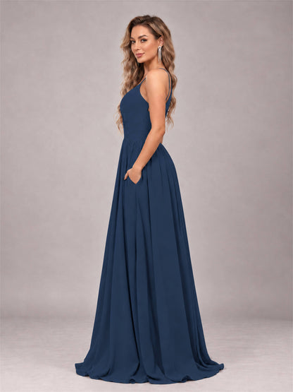 Navy Blue Trendy V-Neck Spaghetti Straps Long Chiffon Bridesmaid Dress