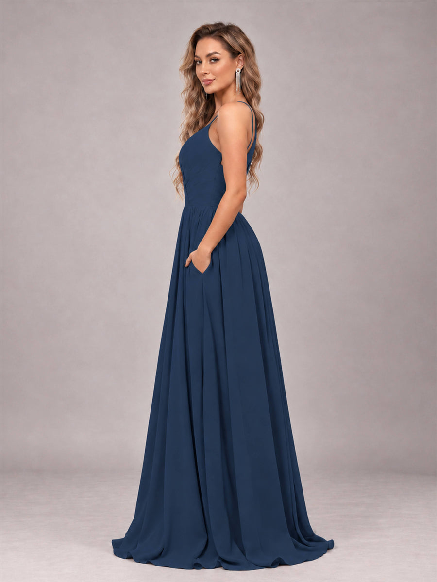 Navy Blue Trendy V-Neck Spaghetti Straps Long Chiffon Bridesmaid Dress