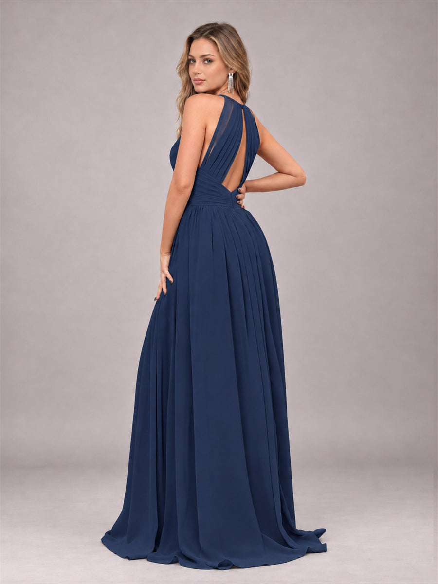 Navy Blue Trendy V-Neck Spaghetti Straps Long Chiffon Bridesmaid Dress