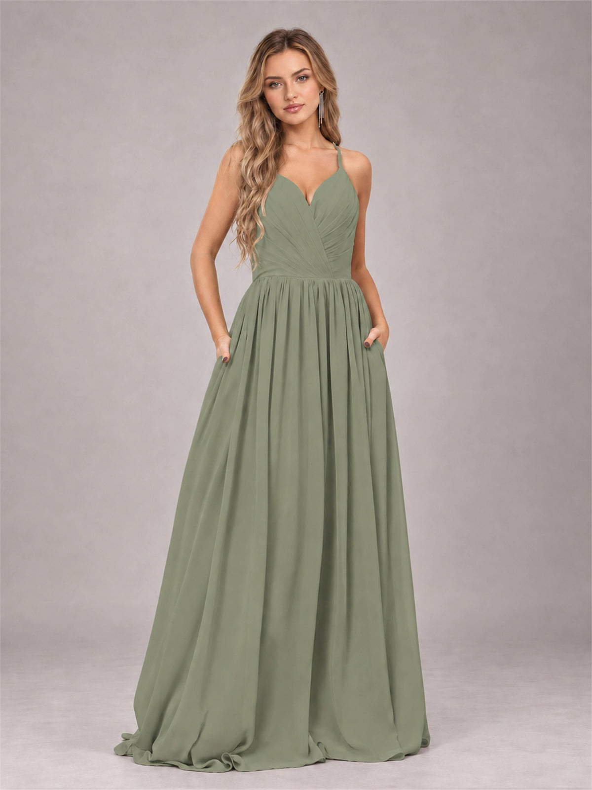 Olive Green Trendy V-Neck Spaghetti Straps Long Chiffon Bridesmaid Dress