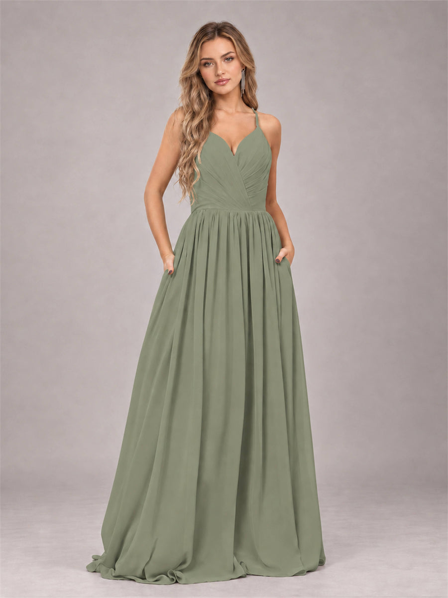Olive Green Trendy V-Neck Spaghetti Straps Long Chiffon Bridesmaid Dress