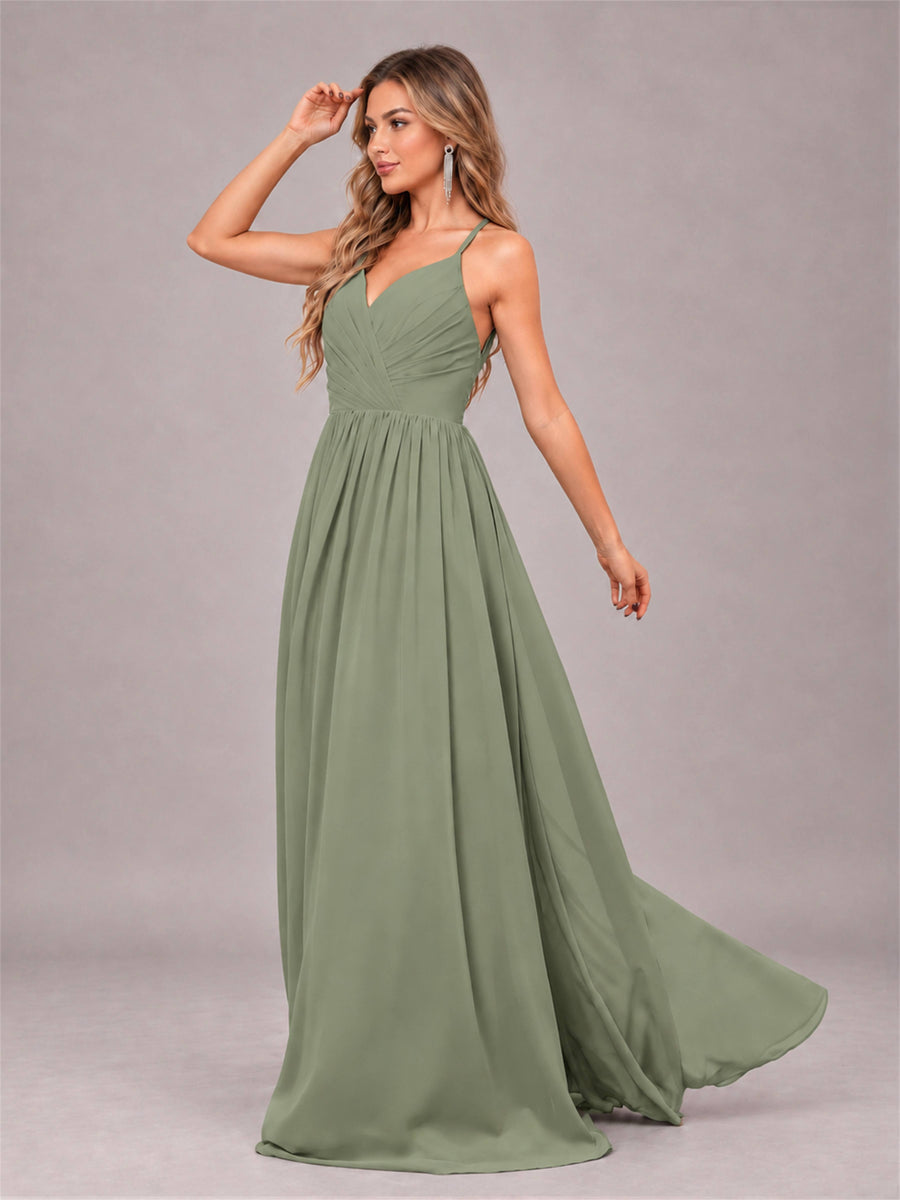 Olive Green Trendy V-Neck Spaghetti Straps Long Chiffon Bridesmaid Dress