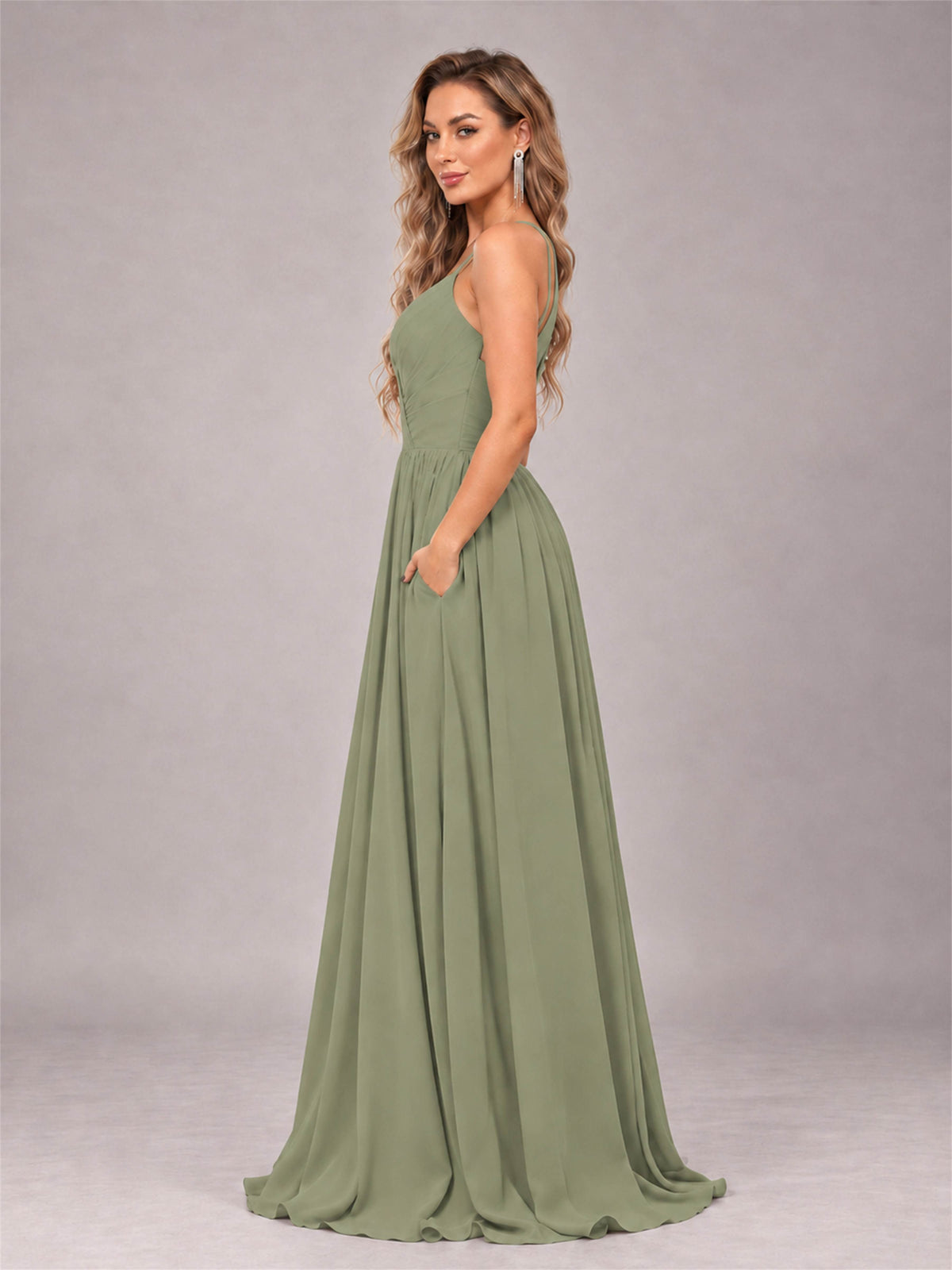 Olive Green Trendy V-Neck Spaghetti Straps Long Chiffon Bridesmaid Dress