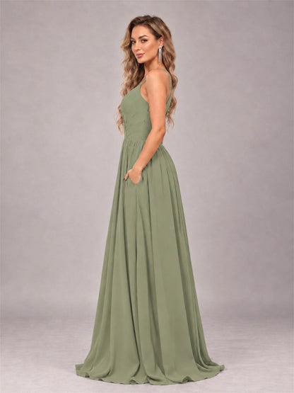 Olive Green Trendy V-Neck Spaghetti Straps Long Chiffon Bridesmaid Dress