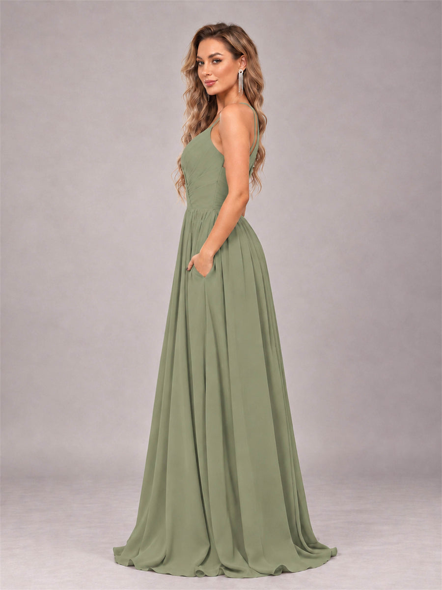 Olive Green Trendy V-Neck Spaghetti Straps Long Chiffon Bridesmaid Dress