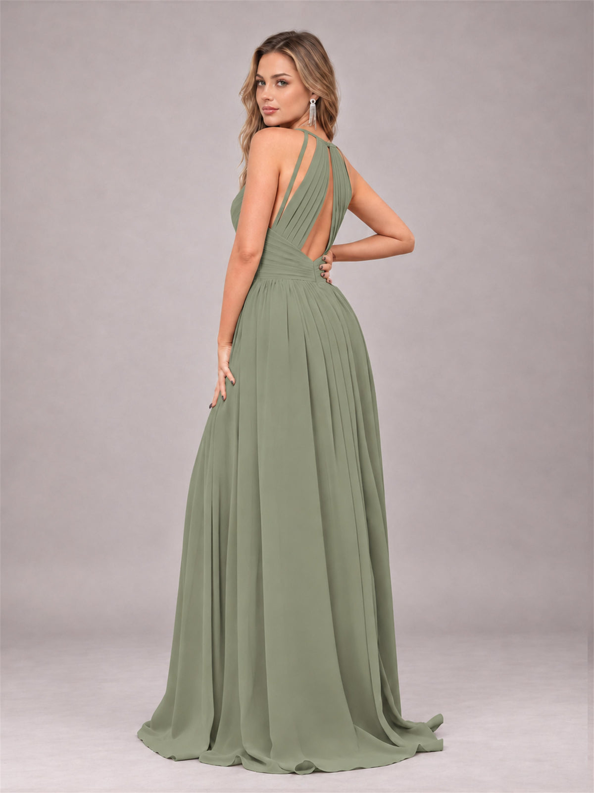 Olive Green Trendy V-Neck Spaghetti Straps Long Chiffon Bridesmaid Dress