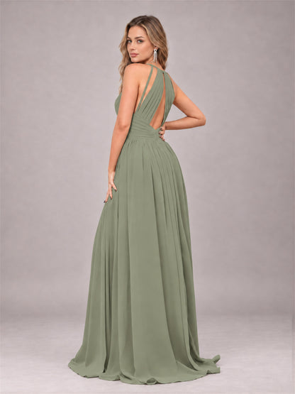 Olive Green Trendy V-Neck Spaghetti Straps Long Chiffon Bridesmaid Dress