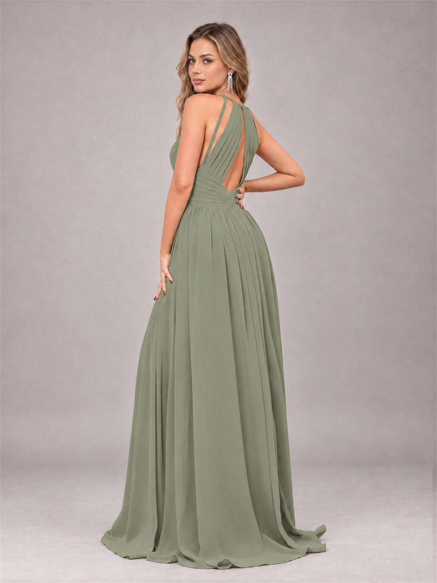 Olive Green Trendy V-Neck Spaghetti Straps Long Chiffon Bridesmaid Dress
