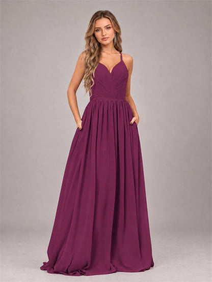 Plum Trendy V-Neck Spaghetti Straps Long Chiffon Bridesmaid Dress