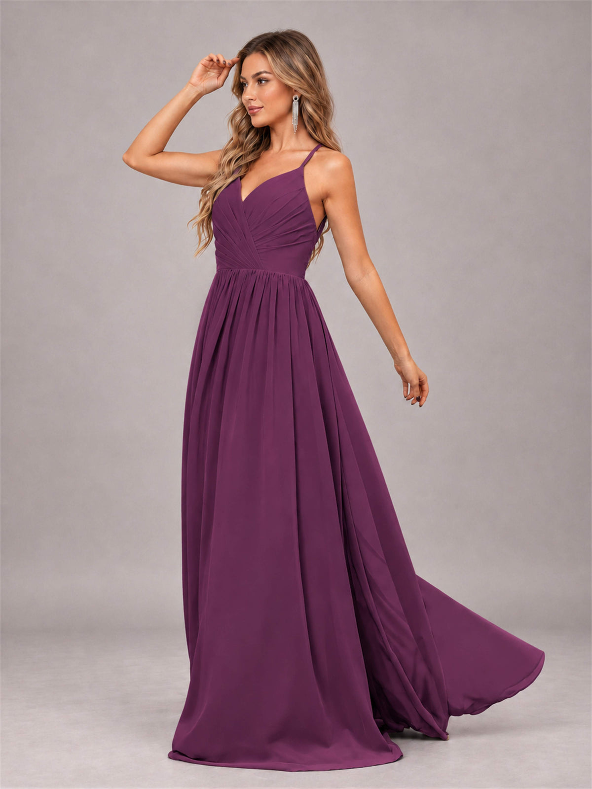 Plum Trendy V-Neck Spaghetti Straps Long Chiffon Bridesmaid Dress
