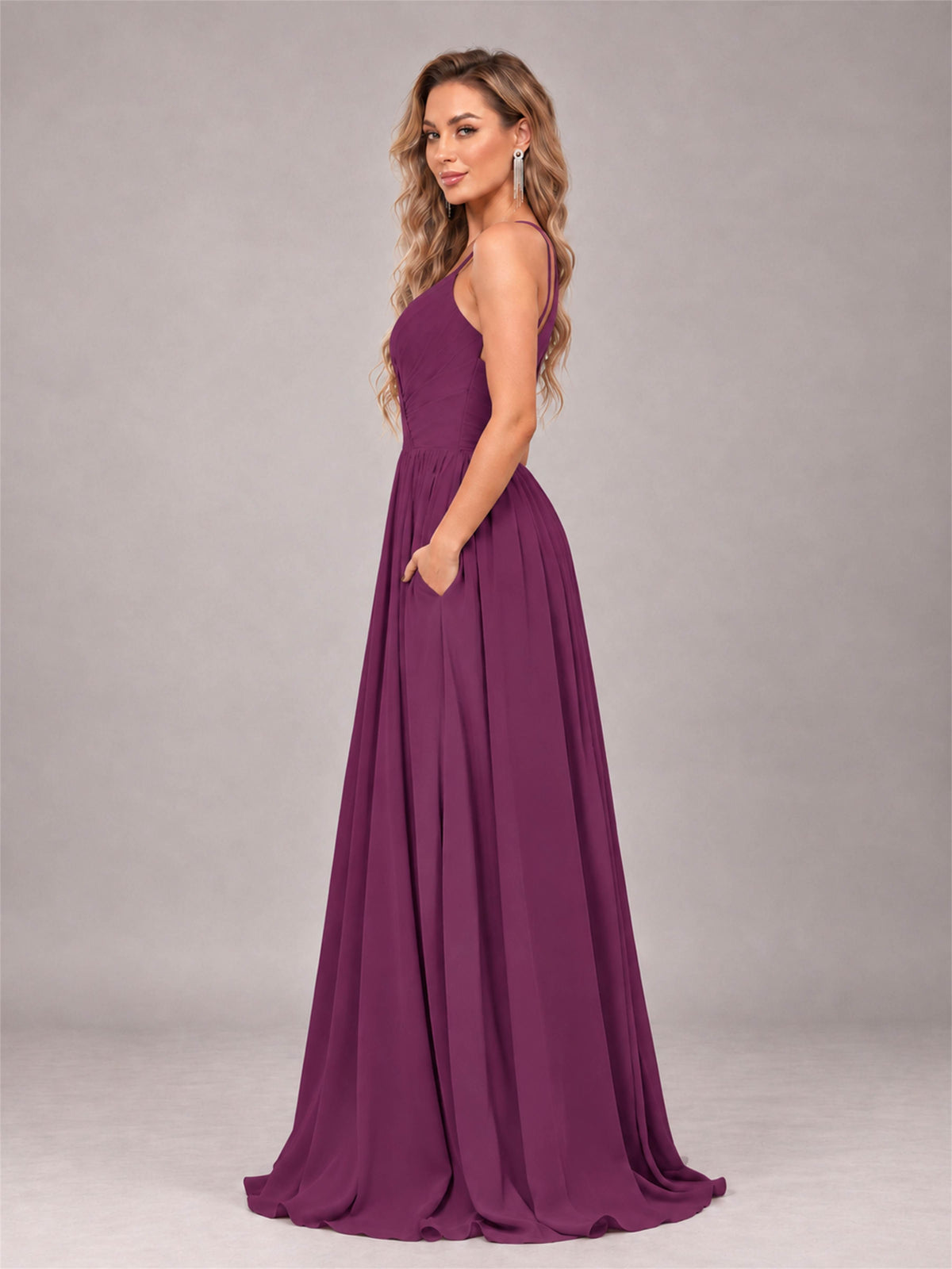 Plum Trendy V-Neck Spaghetti Straps Long Chiffon Bridesmaid Dress