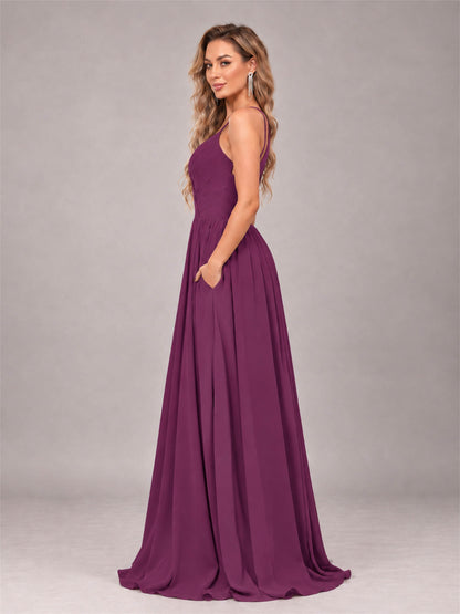 Plum Trendy V-Neck Spaghetti Straps Long Chiffon Bridesmaid Dress
