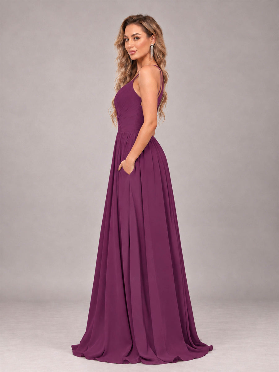 Plum Trendy V-Neck Spaghetti Straps Long Chiffon Bridesmaid Dress
