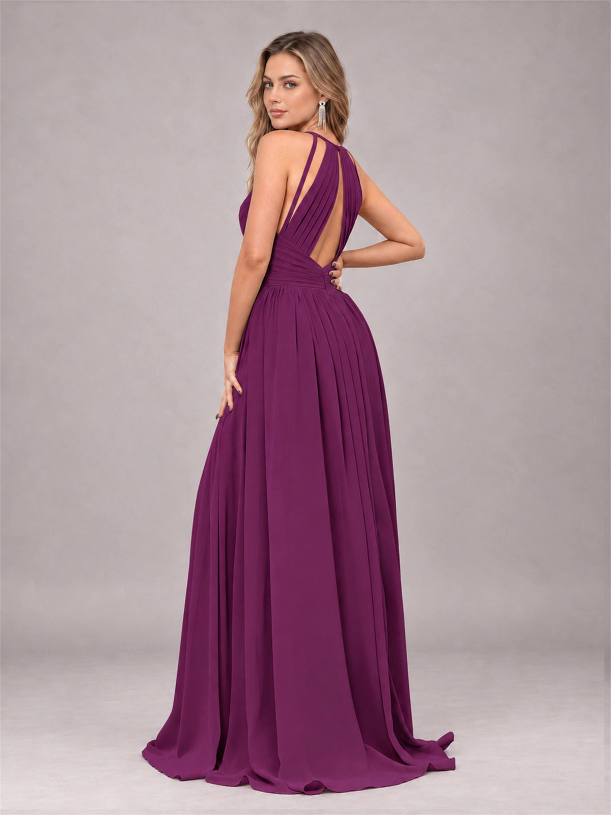 Plum Trendy V-Neck Spaghetti Straps Long Chiffon Bridesmaid Dress