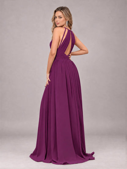 Plum Trendy V-Neck Spaghetti Straps Long Chiffon Bridesmaid Dress