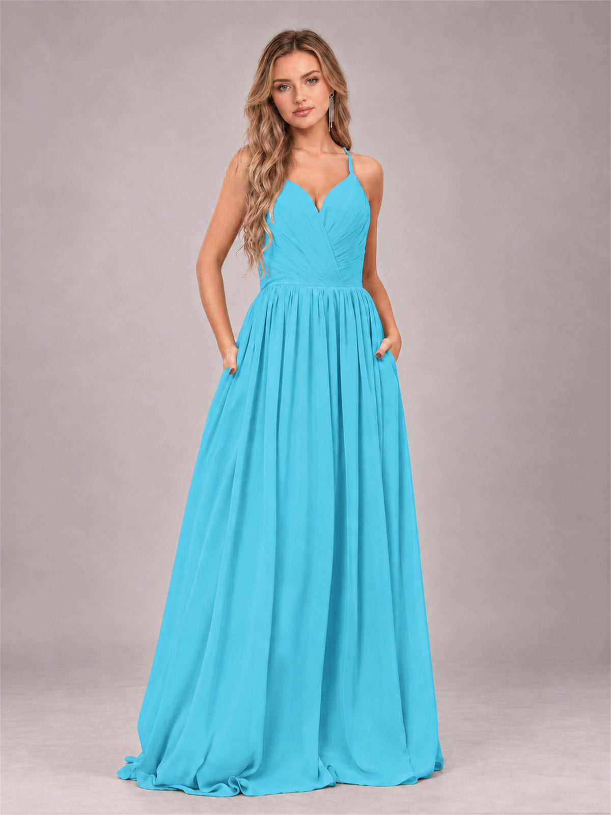 Pool Trendy V-Neck Spaghetti Straps Long Chiffon Bridesmaid Dress