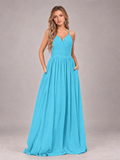 Pool Trendy V-Neck Spaghetti Straps Long Chiffon Bridesmaid Dress
