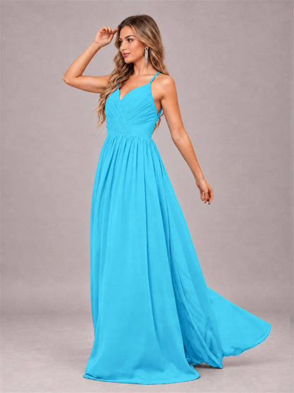 Pool Trendy V-Neck Spaghetti Straps Long Chiffon Bridesmaid Dress