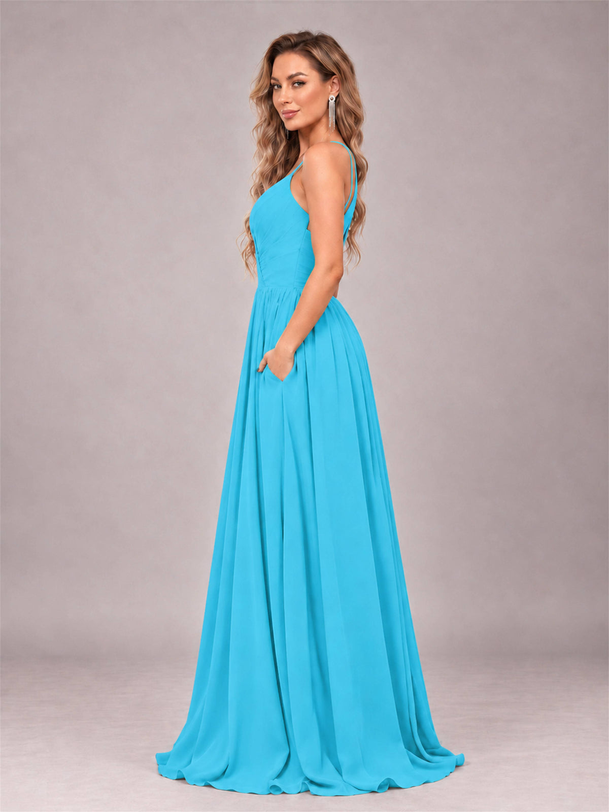 Pool Trendy V-Neck Spaghetti Straps Long Chiffon Bridesmaid Dress