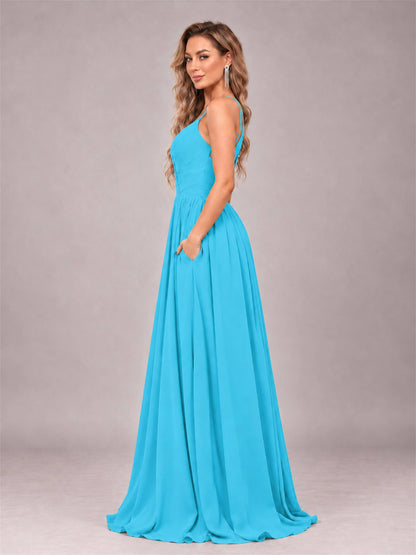 Pool Trendy V-Neck Spaghetti Straps Long Chiffon Bridesmaid Dress