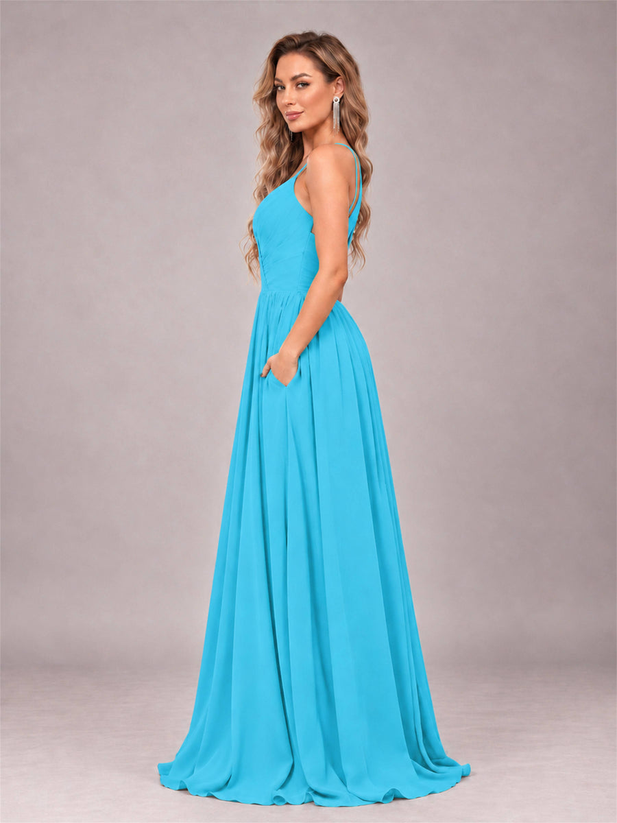 Pool Trendy V-Neck Spaghetti Straps Long Chiffon Bridesmaid Dress