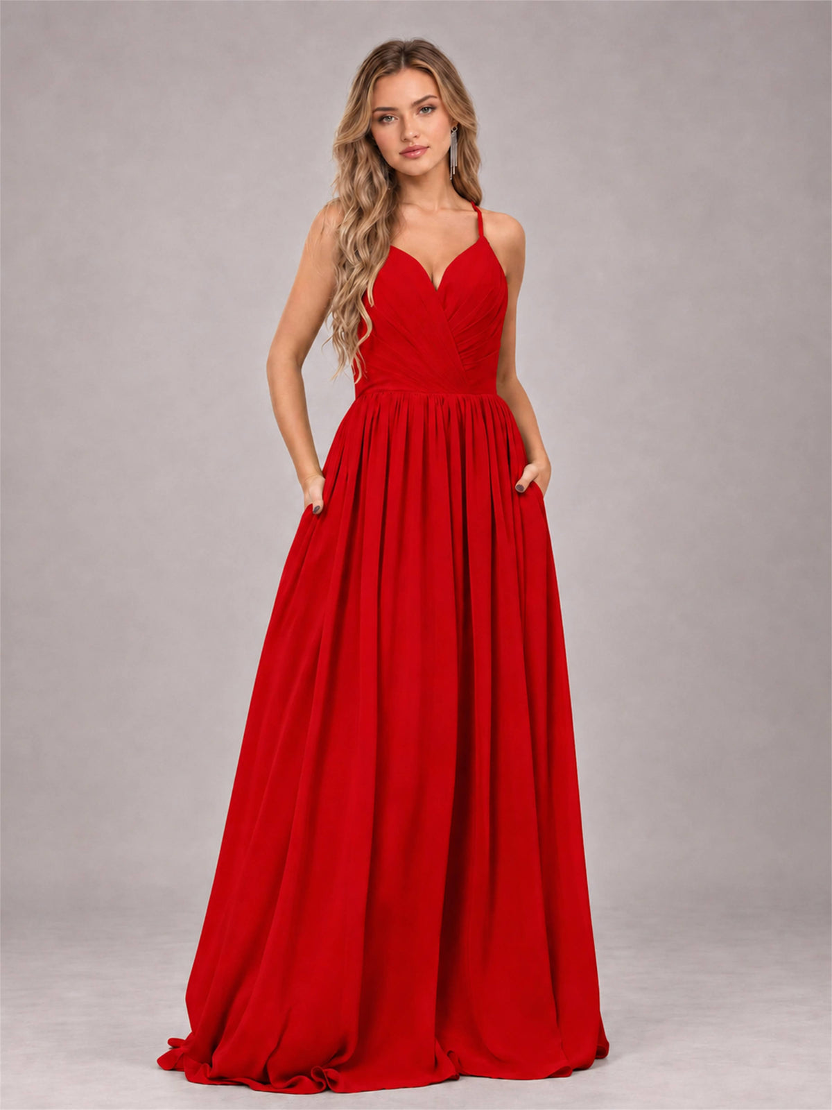 Red Trendy V-Neck Spaghetti Straps Long Chiffon Bridesmaid Dress