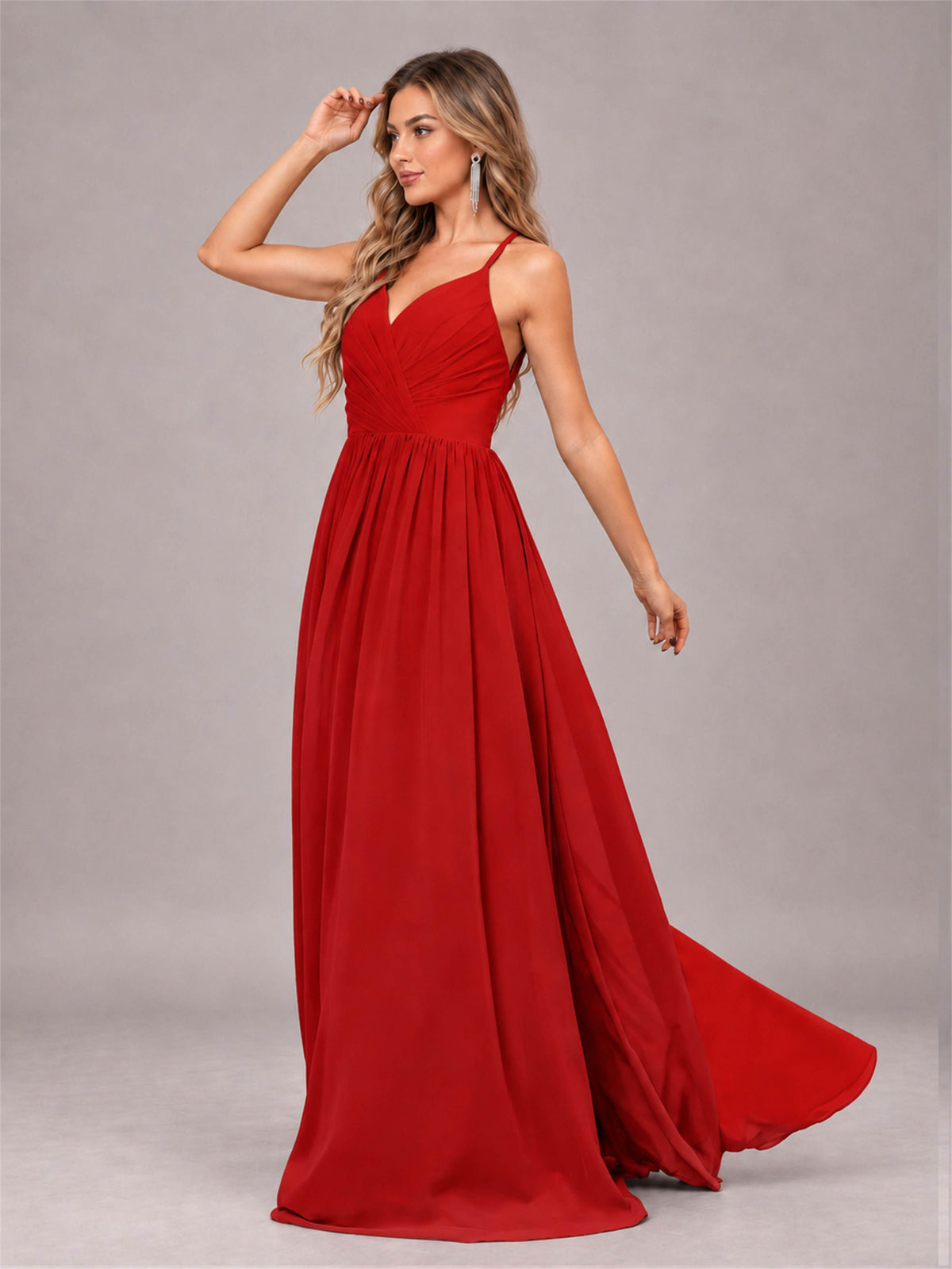 Red Trendy V-Neck Spaghetti Straps Long Chiffon Bridesmaid Dress