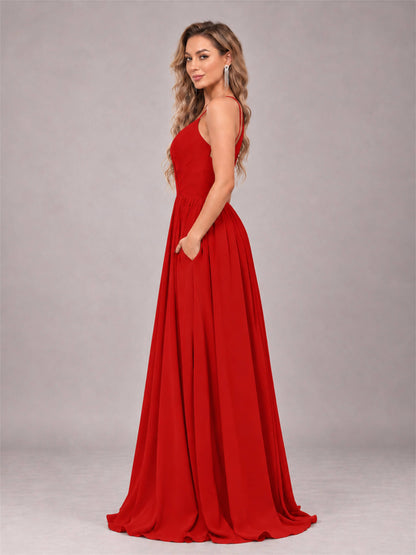 Red Trendy V-Neck Spaghetti Straps Long Chiffon Bridesmaid Dress