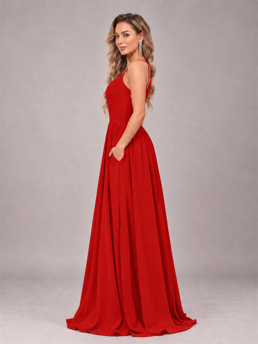 Red Trendy V-Neck Spaghetti Straps Long Chiffon Bridesmaid Dress