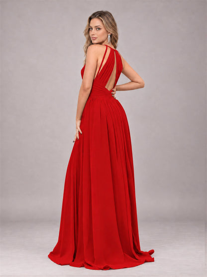Red Trendy V-Neck Spaghetti Straps Long Chiffon Bridesmaid Dress