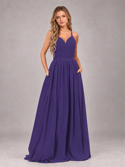 Regency Trendy V-Neck Spaghetti Straps Long Chiffon Bridesmaid Dress