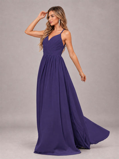 Regency Trendy V-Neck Spaghetti Straps Long Chiffon Bridesmaid Dress