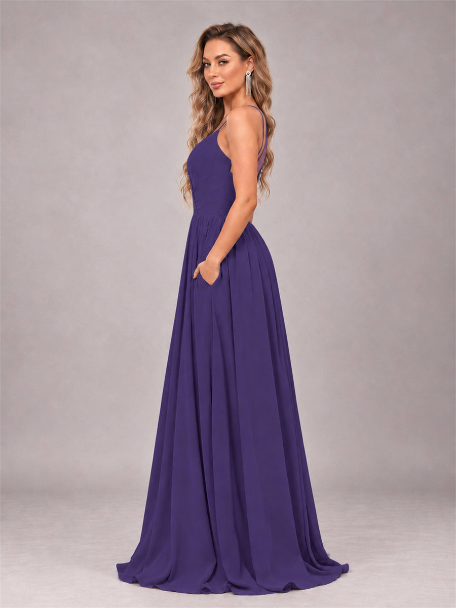 Regency Trendy V-Neck Spaghetti Straps Long Chiffon Bridesmaid Dress