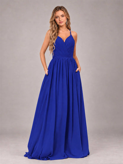 Royal Blue Trendy V-Neck Spaghetti Straps Long Chiffon Bridesmaid Dress