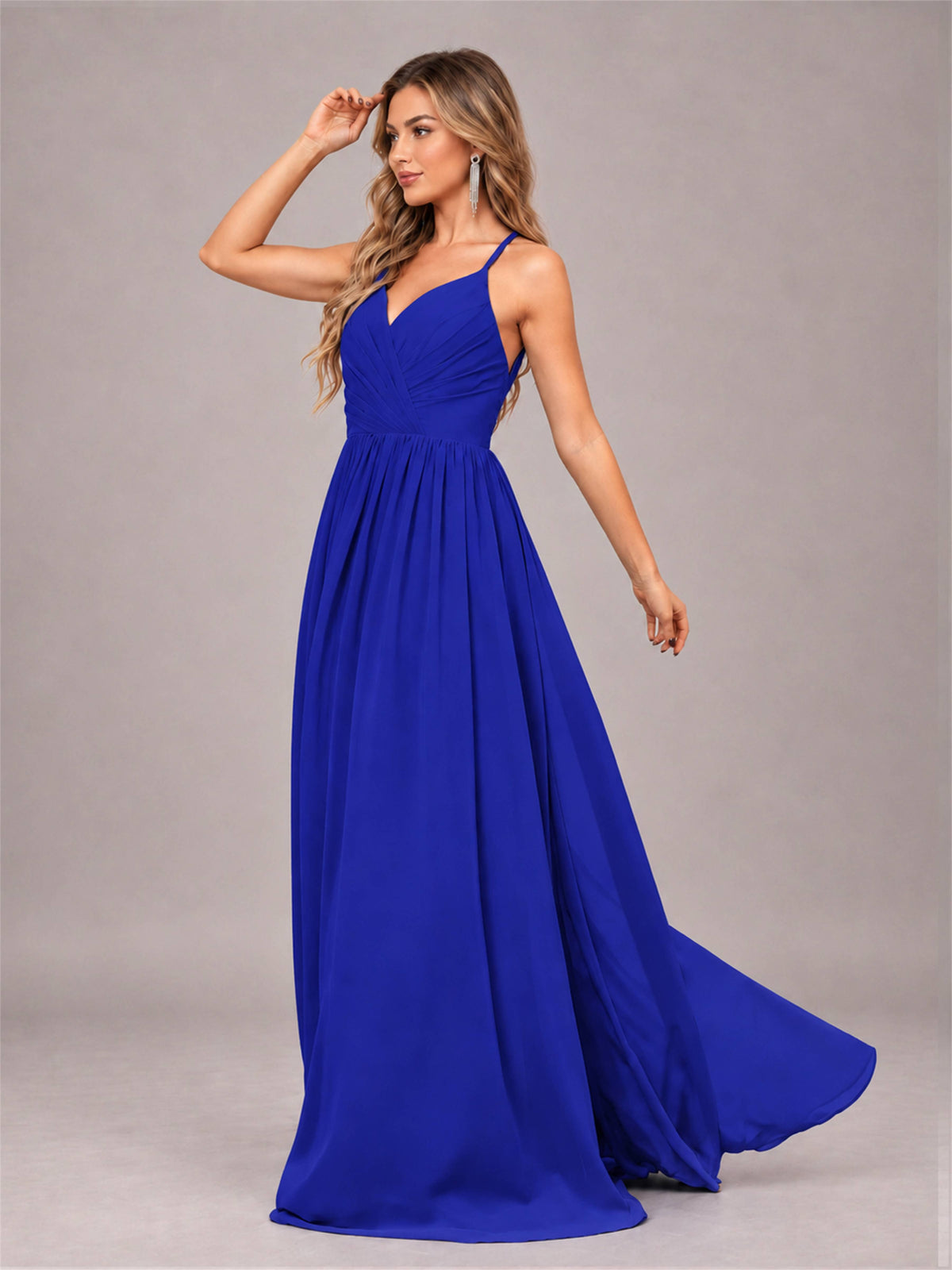 Royal Blue Trendy V-Neck Spaghetti Straps Long Chiffon Bridesmaid Dress