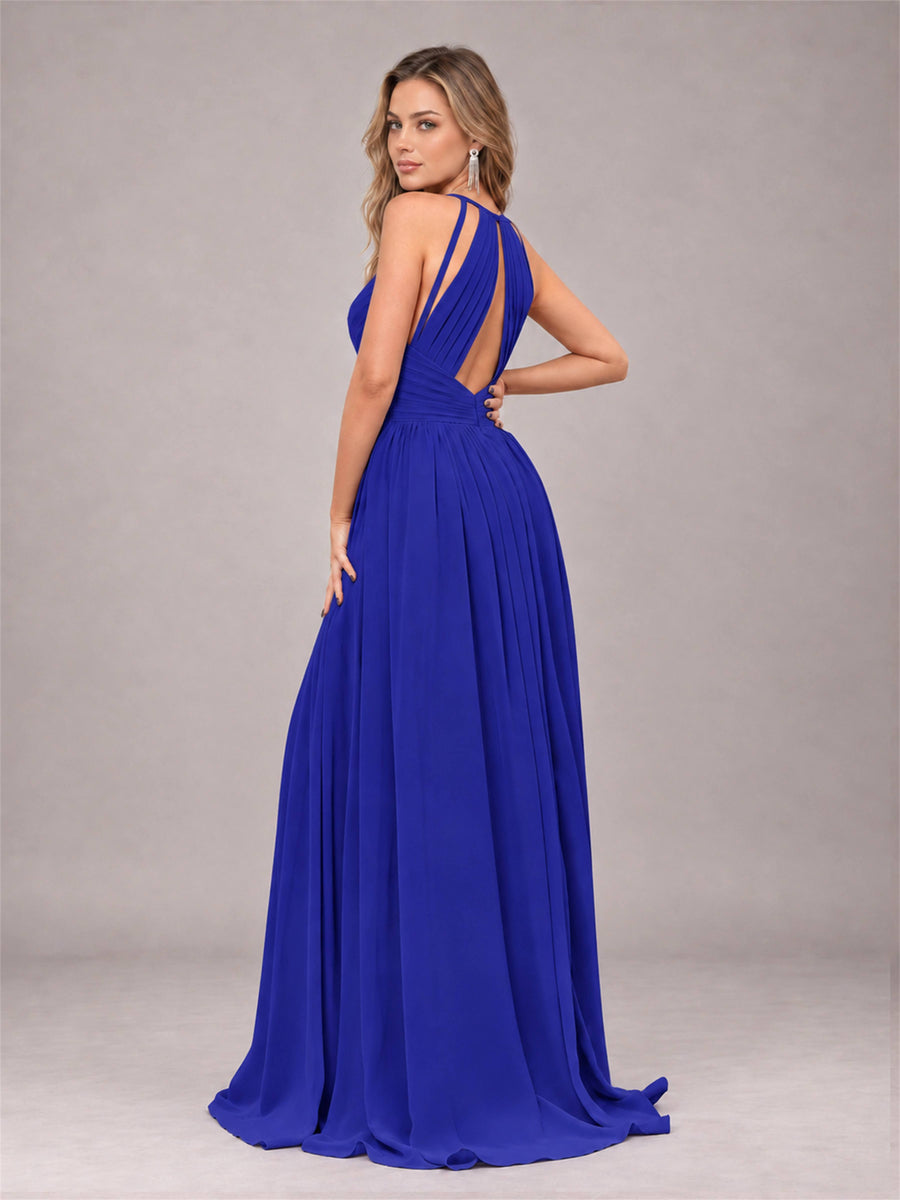 Royal Blue Trendy V-Neck Spaghetti Straps Long Chiffon Bridesmaid Dress