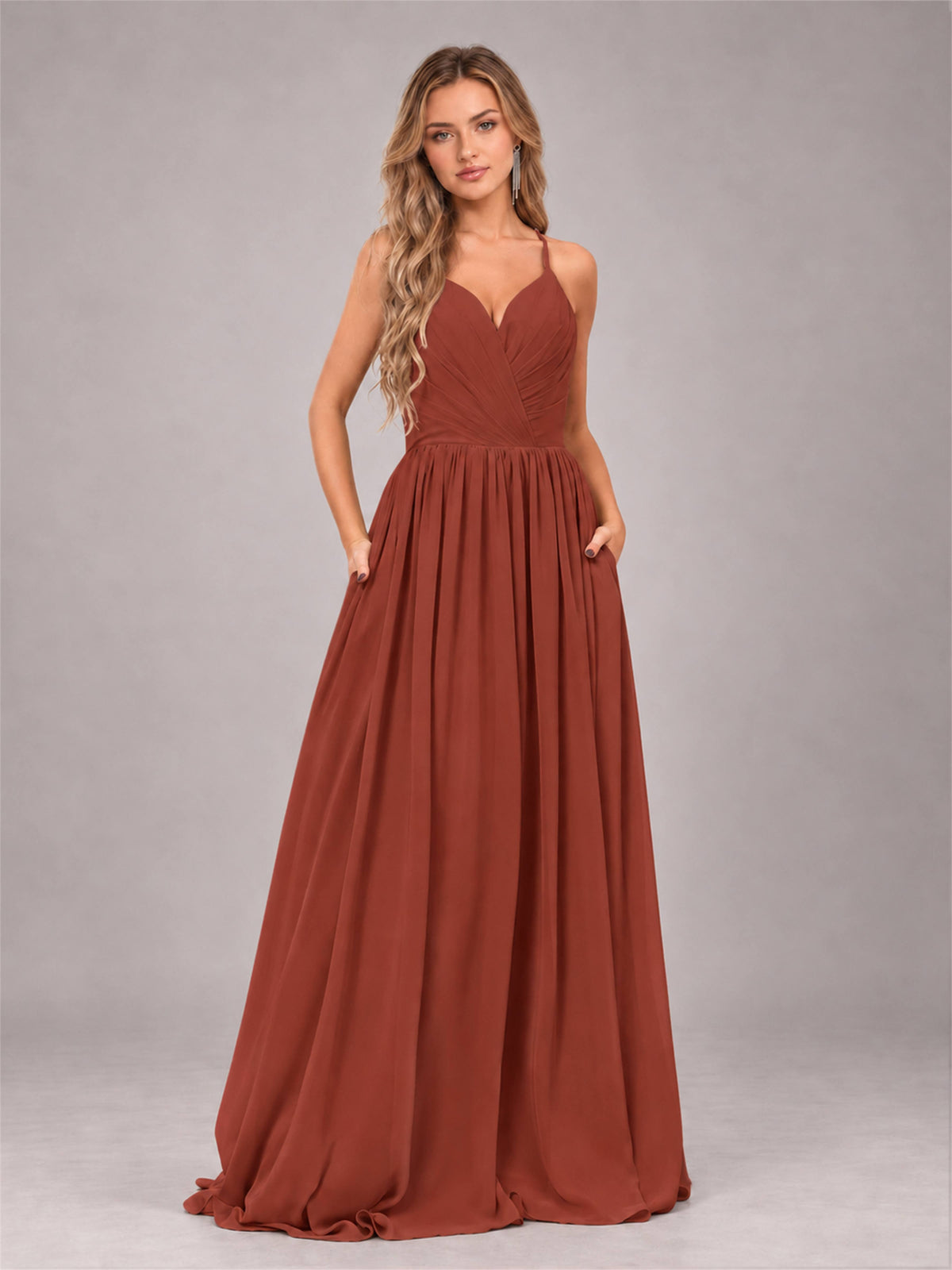 Rust Trendy V-Neck Spaghetti Straps Long Chiffon Bridesmaid Dress